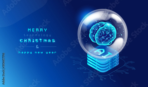 Christmas AI technology concept background - Christmas ornaments glass ball stylized as futuristic server with AI brain and digital snow inside. Modern vector illustration