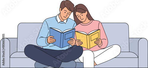 Relaxed young couple reading books together on sofa, enjoying leisure time at home, fostering connection through shared interests, promoting literacy and learning