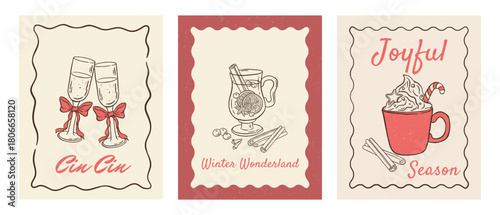 Set of hand draw retro Christmas postcards with holiday season drink vector illustration. Vintage greeting card with champagne, mulled wine, hot chocolate