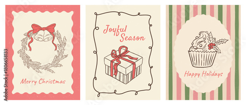 Hand draw Christmas greeting cards with wreath and bells, decorated cupcake, and gitf box vector illustration set. Winter joyful seasonal postcards.