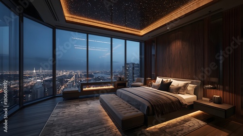 luxury bedroom interior overlooking night city skyline