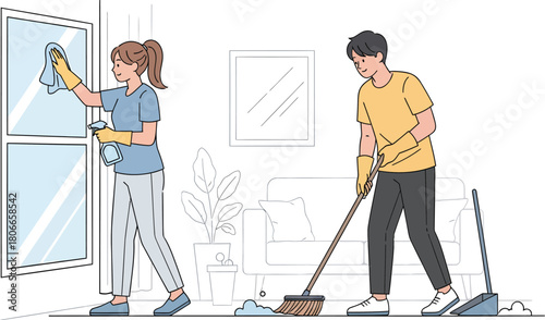 Couple Cleaning Home Together, Woman Wiping Window, Man Sweeping Floor, Enjoying Shared Chores, Teamwork Makes the Dream Work in a Spotless Home