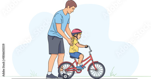 Loving father teaches his daughter to ride a bicycle, creating a lasting memory and fostering a strong bond of love and trust during a summer day.