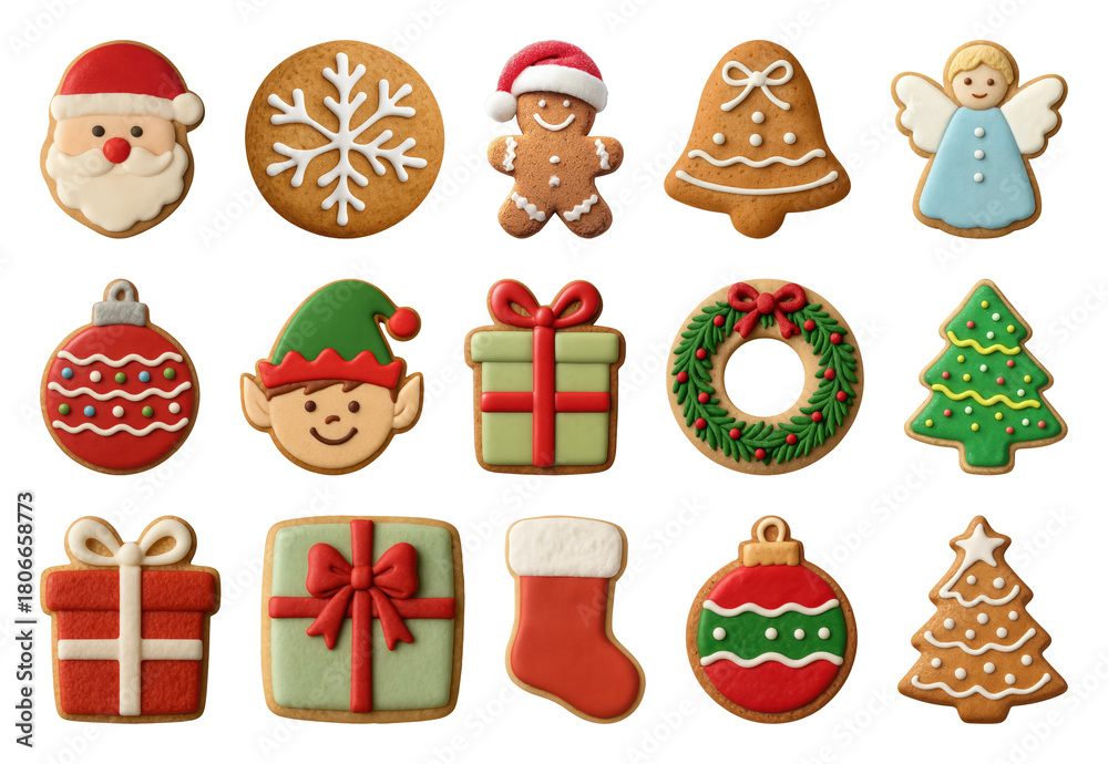 Fototapeta premium PNG Festive decorated Christmas cookies assortment, element set on transparent background