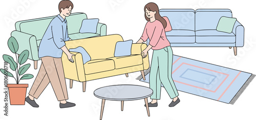 Couple moving furniture together, creating a fresh new living space with sofa and home decor, perfect for lifestyle and interior design projects