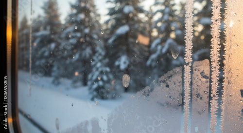 Close-Up of Frosted Train Window With Condensation, Fingerprints and Soft Motion Blur of Snowy Forests During a Winter Journey