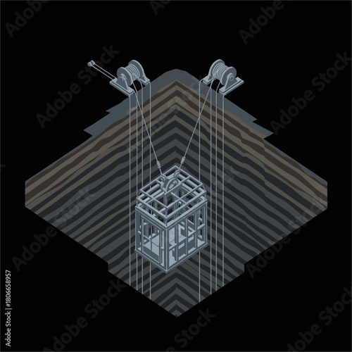 Isometric view of a mine shaft with a cage being lowered into the earth.