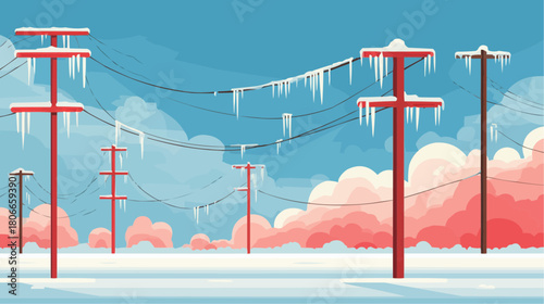 Icy power lines with hanging icicles against pink forest for winter packaging and seasonal decor
