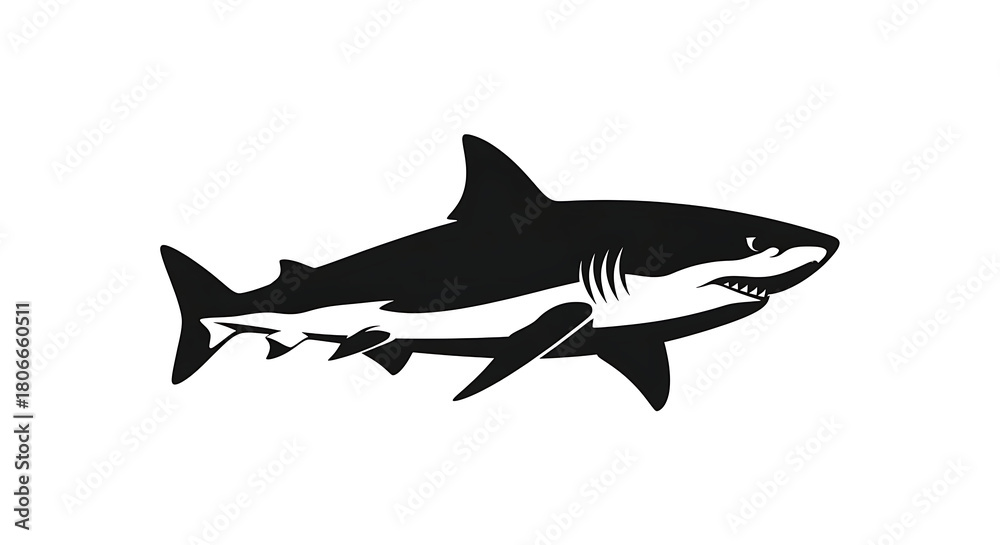 Fototapeta premium Silhouette of a great white shark swimming with a smaller shark underneath isolated on white background