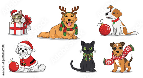 Festive Pet Portraits A Collection of Adorable Holiday-Themed Dogs and Cats Illustrations