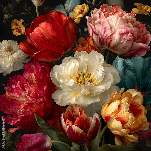 Looping vector pattern depicting colorful tulips in full bloom, executed in traditional antique oil-painted still life style for elegant floral artwork