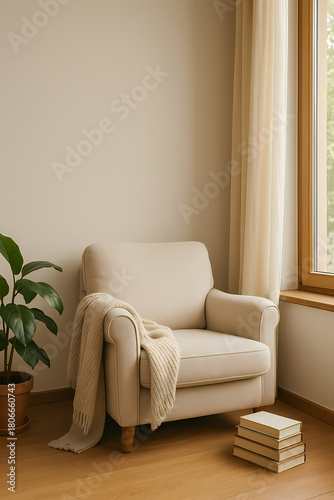 Cozy reading nook by window with books and no digital devices