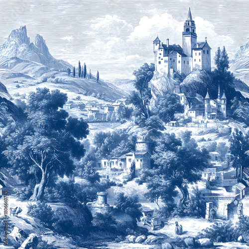 Timeless repeat vector layout showcasing castles atop hills, surrounded by forests and plains, illustrated in classic European vintage engraving aesthetics