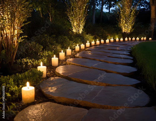 Garden stone walkway with lighted candles in the evening., stone path in the garden