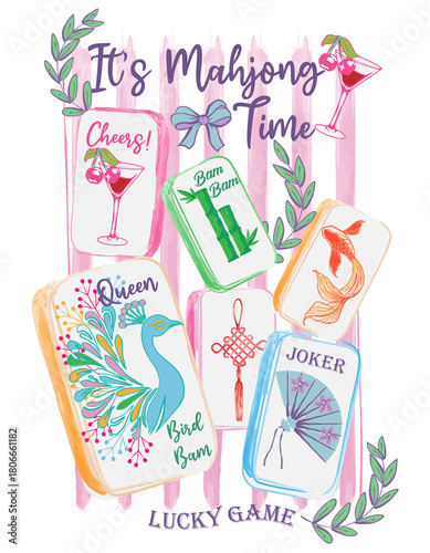 It's Mahjong Time Watercolor Clipart – Cute Hand-Drawn Mahjong Tiles on Pink and White Striped Background, Pastel Illustration for Cards, Stickers, Scrapbooking, and Digital Projects