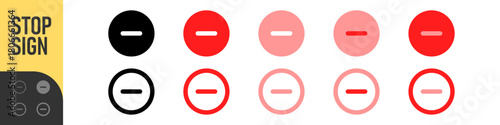Minus remove icon set , stop sign. horizontal line, dash inside a circle in outline and solid for delete actions, reduce functions, deletion, quantity adjustment, and subtraction interface controls