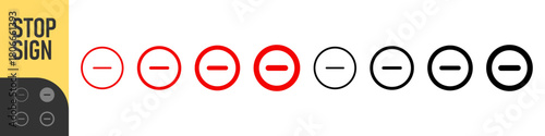 Minus remove icon set , stop sign. horizontal line, dash inside a circle in outline and solid for delete actions, reduce functions, deletion, quantity adjustment, and subtraction interface controls