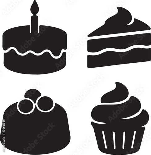 Dessert Silhouette Icons Featuring Birthday Cake, Layered Slice, Pudding, and Cupcake in Black and White