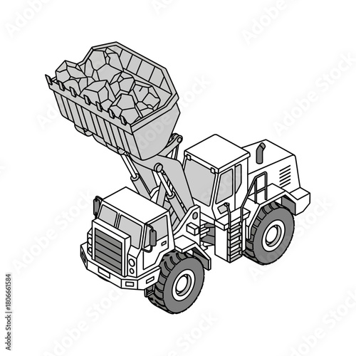Front loader vehicle with a full bucket of rocks and debris.