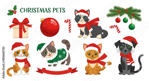 Christmas Pets Festive Animals in Holiday Spirit Vector Set