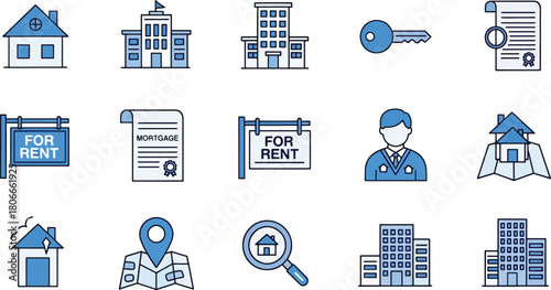 Real estate vector icon set featuring house, apartment, rent sign, mortgage document, key, property search, agent, and building illustrations for housing, investment, and property management projects