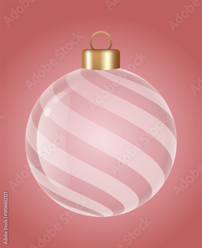 Stripe glass ornament vector bauble for stylish Christmas and New Year decor. Transparent glass sphere vector illustration for festive xmas 3D graphic