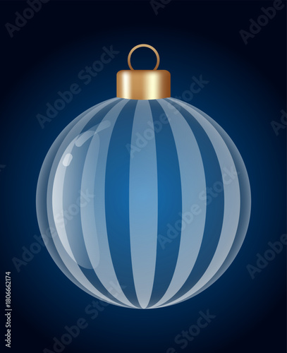 Stripe glass ornament vector bauble for stylish Christmas and New Year decor. Transparent glass sphere vector illustration for festive xmas 3D graphic