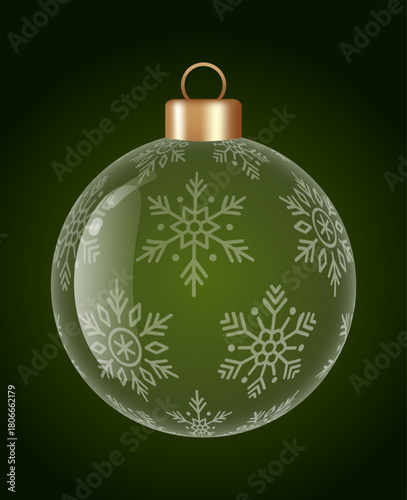 Snowflake glass ornament vector bauble for stylish Christmas and New Year decor. Transparent glass sphere vector illustration for festive xmas 3D graphic