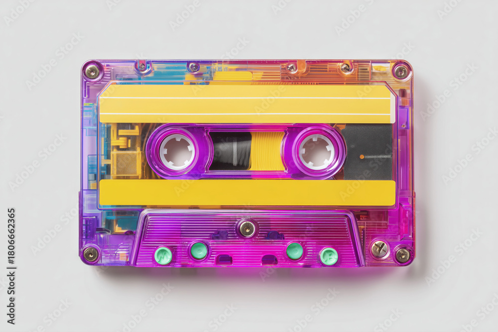 Obraz premium Top view of a retro cassette tape isolated on a white background, in a flat lay.