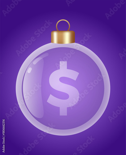 coin glass ornament vector bauble for stylish Christmas and New Year decor. Transparent glass sphere vector illustration for festive xmas 3D graphic
