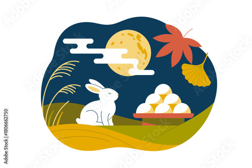 Mid-Autumn Festival Illustration – Moon Rabbit, Full Moon, Dango Offerings and Autumn Leaves in Flat Art Style.