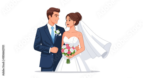 Happy newlyweds, a bride and groom in formal wedding attire, embracing each other tenderly