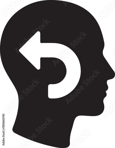 Human Head Silhouette with Curved Arrow Symbol Representing Memory, Reflection, and Reversal Concept