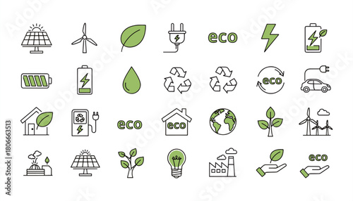 Green Energy & Eco Sustainability Icon Set – Climate, Recycling, Renewable Power Outline Pictograms