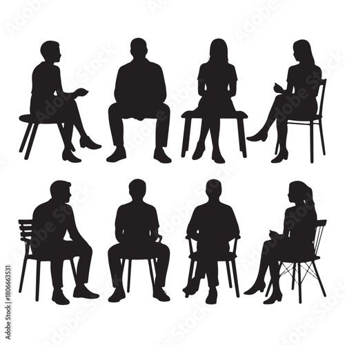 silhouettes of men and women and teenagers sitting on single bench or chair vector