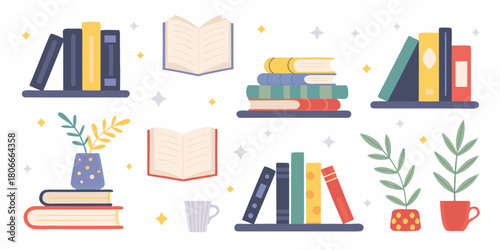 Collection of illustrated books plants and mugs on a white background for education