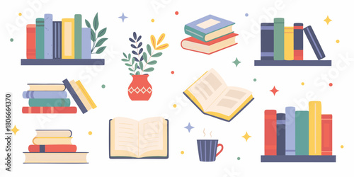 Illustration of books bookshelves plants and a coffee cup in a cozy reading scene