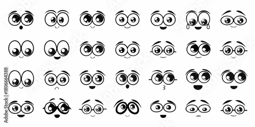 Collection of cartoon eye expressions in black and white showing various emotions and feelings