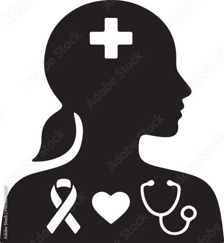 Female Medical Silhouette Illustration with Healthcare Symbols Including Cross, Ribbon, Heart, and Stethoscope
