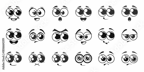Set of cartoon face expressions with various emotions in black and white
