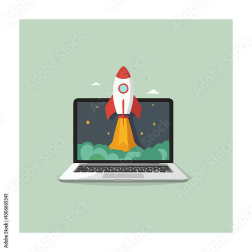 Launchpad Digital: A sleek laptop transforms into a launchpad, as a rocket blasts off, symbolizing innovation, progress, and limitless potential.