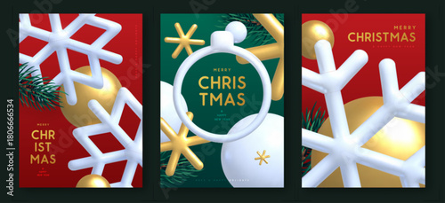 Set of Merry Christmas and New Year covers, posters or greeting cards with 3d plastic and metallic snowflakes on red and green background. Vector illustration