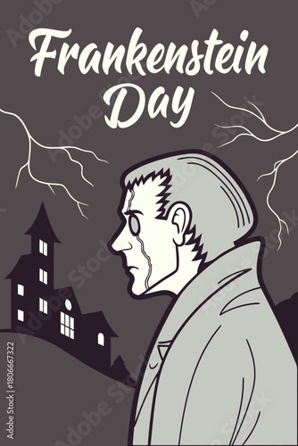 Frankenstein Day Illustration with monster profile and haunted house