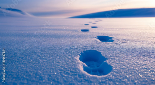 Close-Up Footprints in Blue-Tinted Arctic Snow Under Strong Polar Light With Subtle Drifting Snow