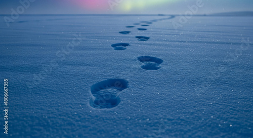 Close-Up Footprints in Blue-Tinted Arctic Snow Under Strong Polar Light With Subtle Drifting Snow