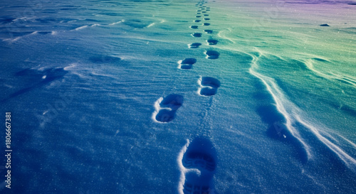 Close-Up Footprints in Blue-Tinted Arctic Snow Under Strong Polar Light With Subtle Drifting Snow