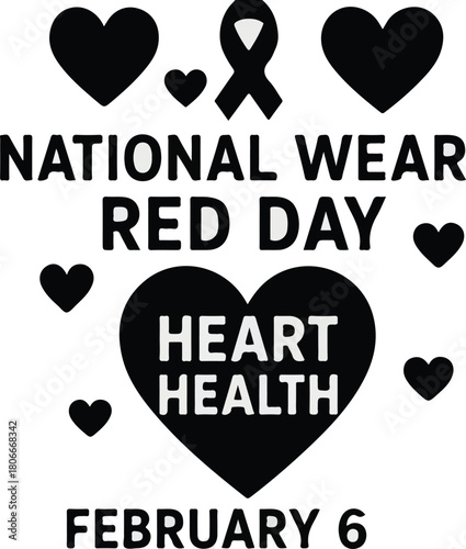 National Wear Red Day Heart Health Awareness February 6 Ribbon and Hearts Illustration