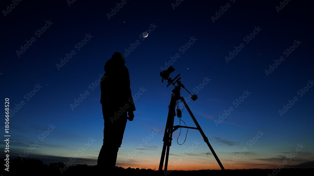 Fototapeta premium Amateur astro-photographer with a camera on a tripod photographing night sky with stars, planets, Moon and other celestial objects.