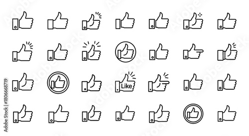 Collection of modern flat line icons representing thumbs up gestures in various styles for positive feedback and approval