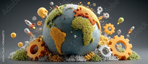 Global interconnectedness, colorful Earth globe surrounded by gears, rockets, and other elements, suggesting innovation and growth